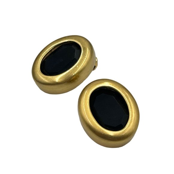 Signed CAROLEE Black Glass Matte Gold Tone Clips Statement Earrings Oval Shaped - Picture 1 of 9